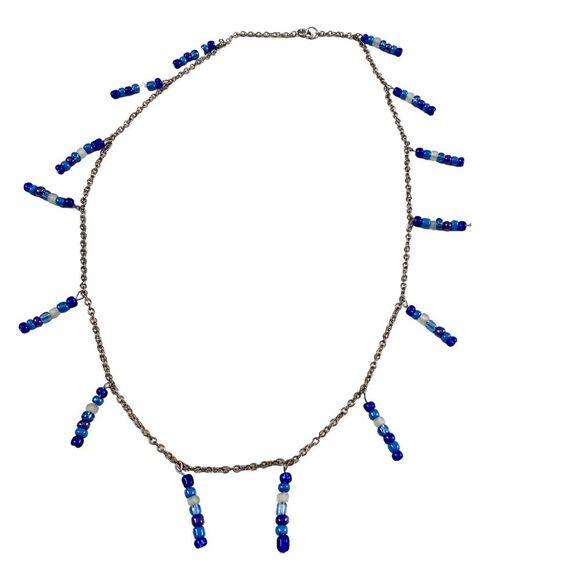 Handmade Silver Chain Blue Beaded Tassel Clasp Necklace - Picture 4 of 5